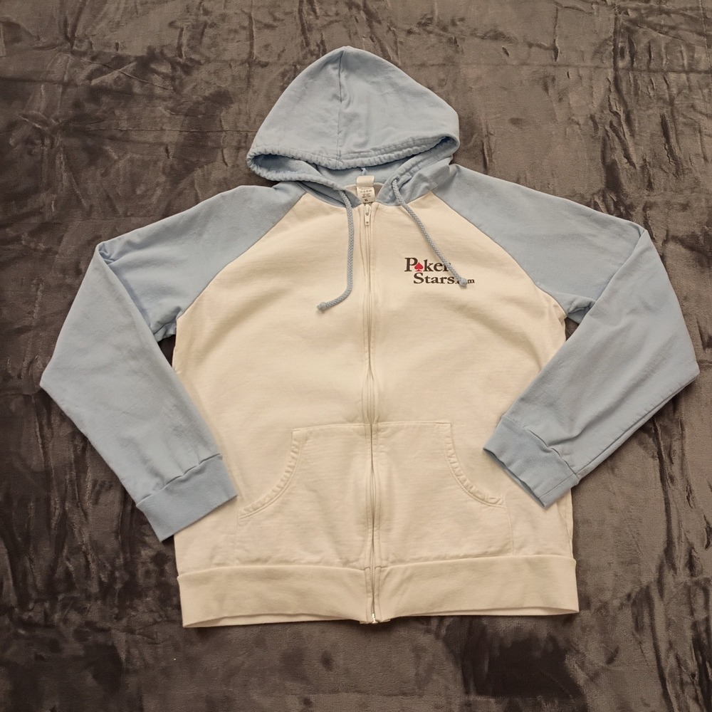 PokerStars Com Zip Up Hoodie Light Blue Cream Womens XL Cotton‎ Blend